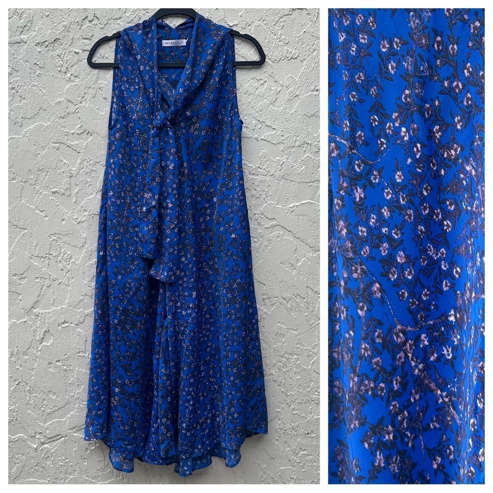 SEE‎ BY CHLOE Dress Women 4 Midi Blue Floral Sleeveless Bow Boho Cottagecore